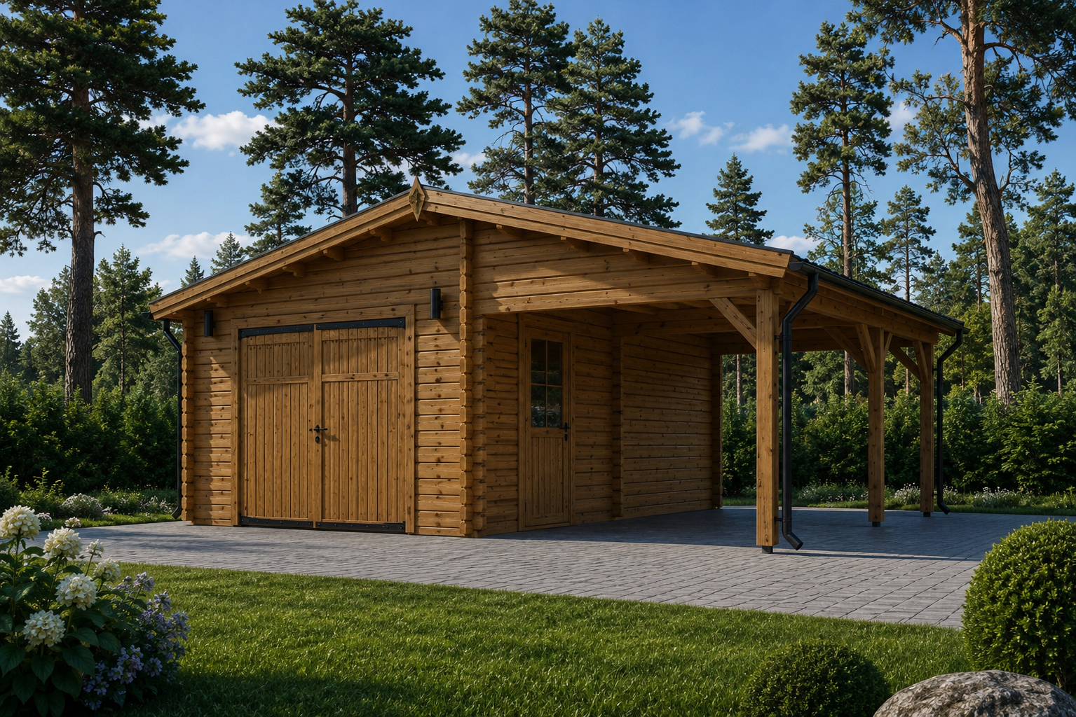 Einzelgarage-mit-Carport-1.png Einzelgarage (44mm) 4x6m mit Carport 3x6m – Bild 1