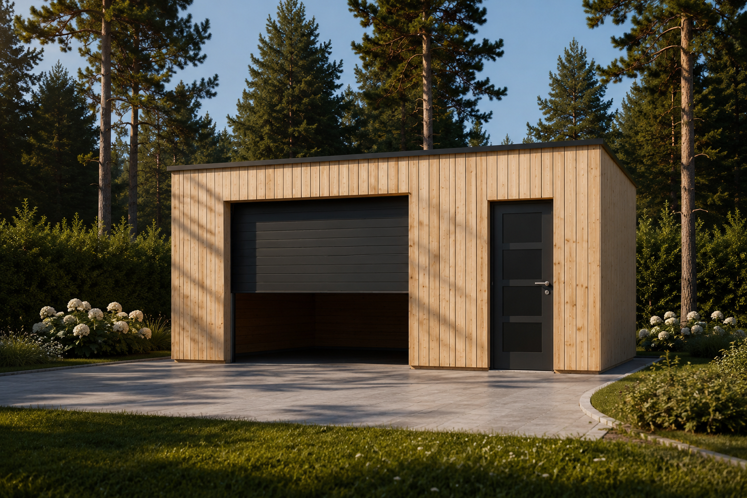Holzgarage-mit-Flachdach-PLUS-inkl.-Schuppen-·-6-×-6-m-1.png Holzgarage mit Flachdach Plus (34mm + Holzverschalung), 6x6m, 36m² – Bild 1