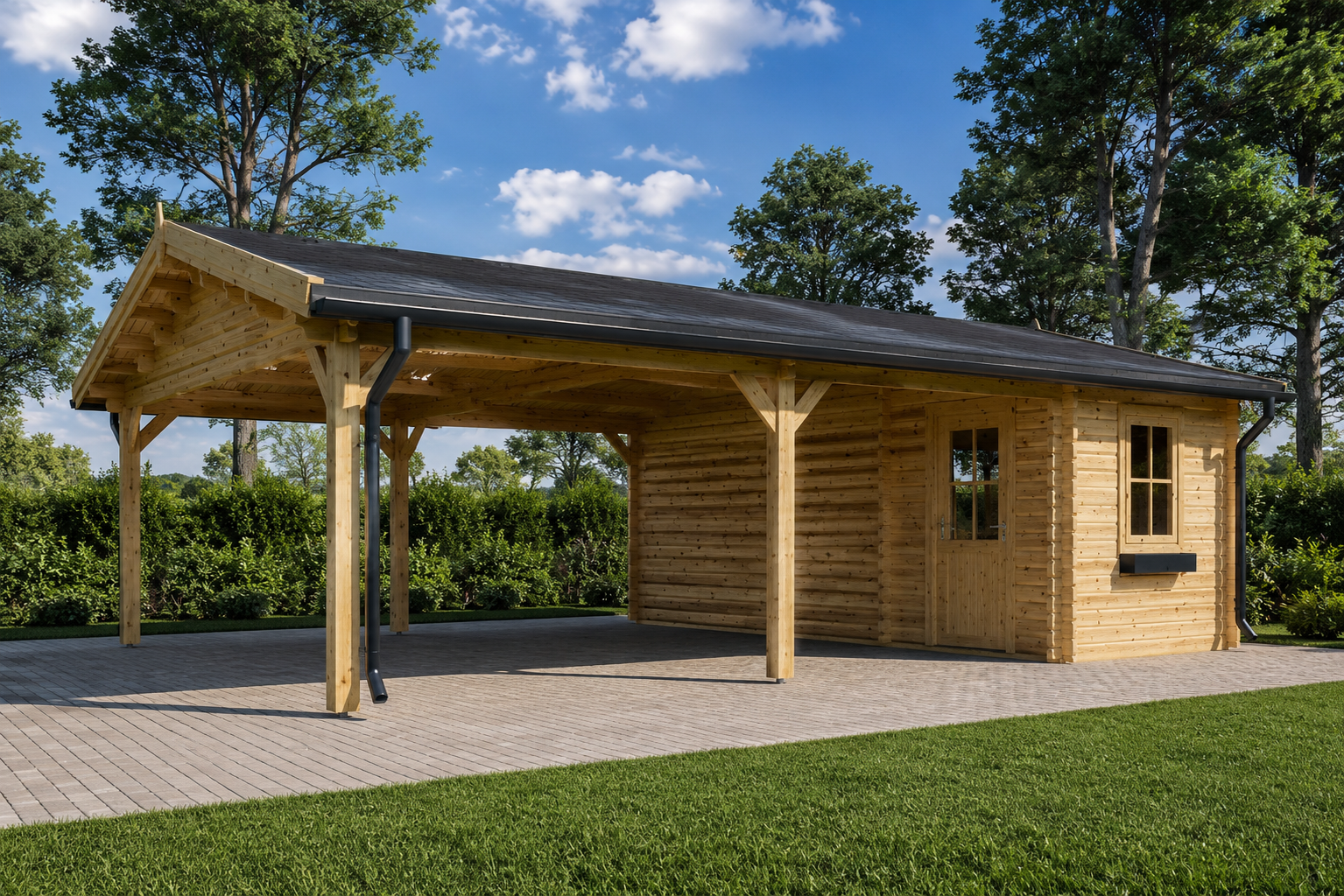 Carport-fuer-2-Autos-mit-Schuppen-4.png Carport aus Holz für 2 Autos mit Schuppen (44 mm), 5,5x6 m – Bild 1