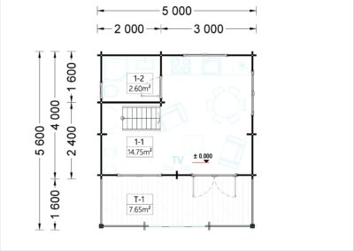 Blockbohlenhaus Tirol mit Schlafboden und Terrasse (44 mm), 20 m² + 8 m²