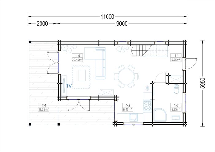 Blockbohlenhaus TOULOUSE (44 + 44 mm), 100 m² + 20m² Terrasse