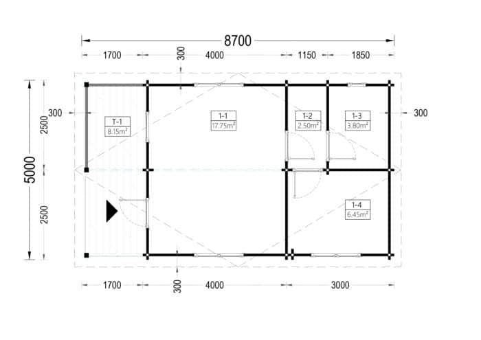 Blockbohlenhaus mit Terrasse ANTON(66 mm), 5x9 m, 35 m² + 8m²
