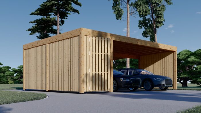 Carport aus Holz für 2 Autos mit Schuppen und Seitenwand LUNA DUO F PLUS, 7.6x5.6 m