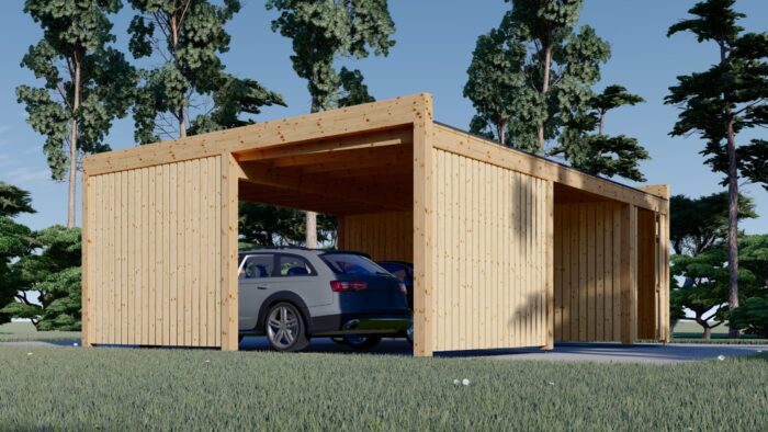 Carport aus Holz für 2 Autos mit Schuppen und Seitenwand LUNA DUO F PLUS, 7.6x5.6 m