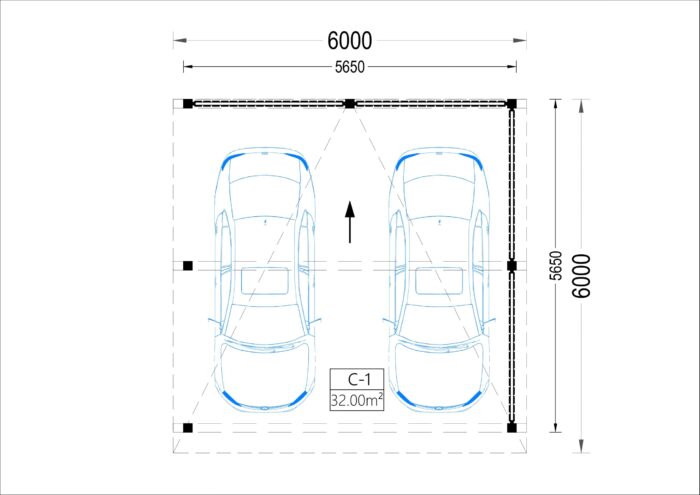 Carport Luna Duo für 2 Autos mit L-förmiger Wand F, 6x6 m