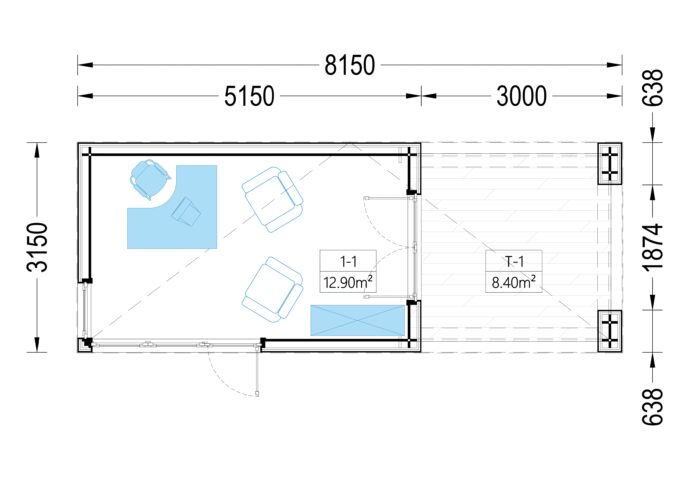 Gartenhaus PREMIUM (Isoliert, SIPS), 5x3 m, 15 m² Mit Terrasse 3x3 m, 9 m²