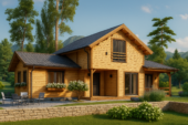 Holzwohnhaus DACHSTEIN , 66 mm + Holzverschalung), 108 m² + 13 m² Terrasse