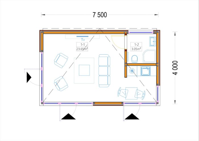 Premium Gartenhaus (Isoliert, SIPS), 7.5x4 m, 30 m²