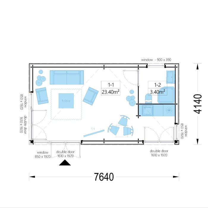 Gartenhaus PREMIUM (34mm + Holzverschalung), 7.5x4m, 30m²