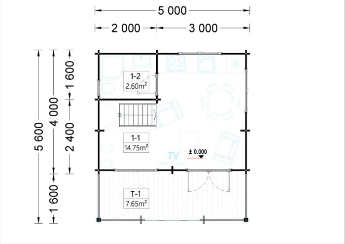 Blockbohlenhaus mit Schlafboden und Terrasse Tirol (66 mm), 20 m² + 8 m²