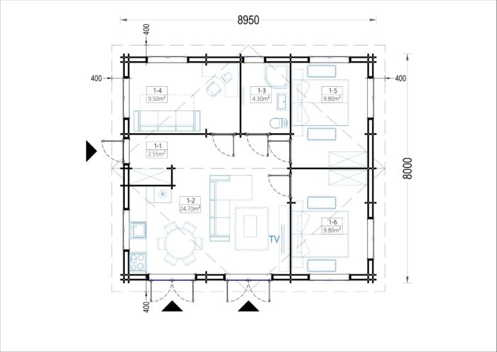 Blockbohlenhaus ANDI (44+44mm), 72m²