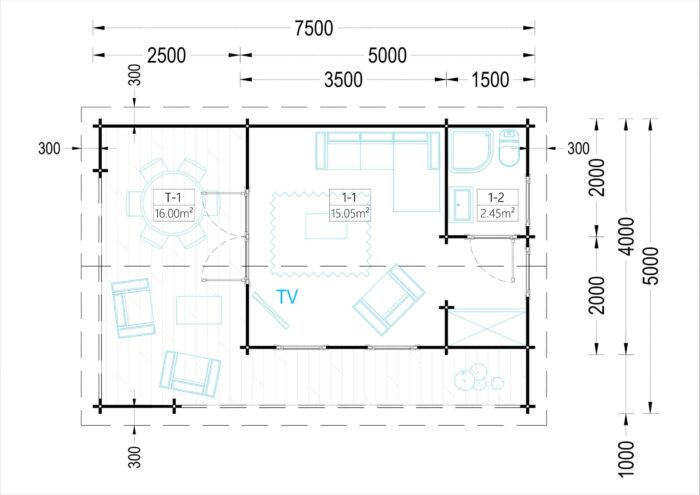 Blockbohlenhaus MILAN (44 mm) 37 m²