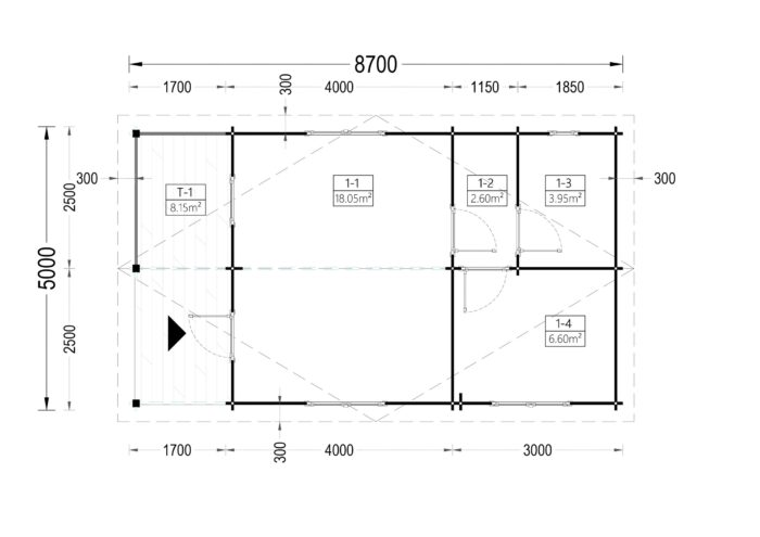 Blockbohlenhaus mit Terrasse ANTON, 5x9 m, 35 m² + 8m²