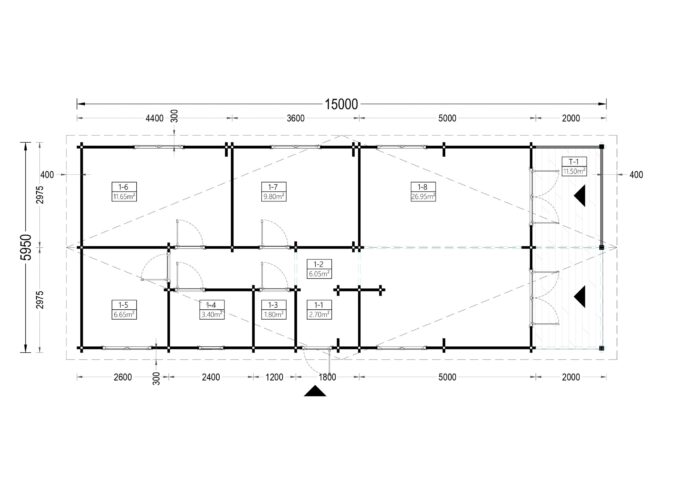 Blockbohlenhaus GOSAU (66 mm), 6x15 m, 90 m²