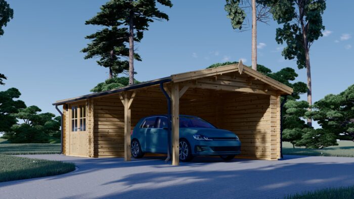 Carport aus Holz 4x5 m mit Schuppen und Seitenwand (44mm), 4x2.5m