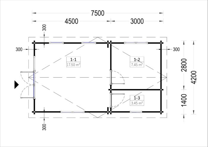 Blockbohlenhaus MORITZ, 4.2x7.5m, 32m²