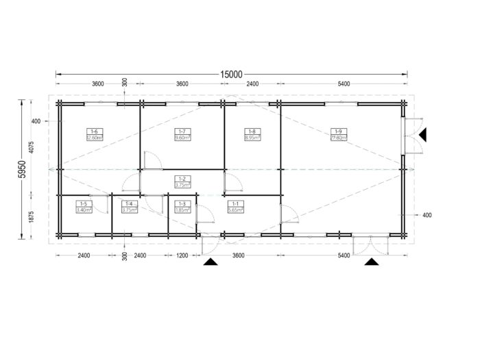 Blockbohlenhaus BOZEN (44 + 44mm), 15x6m, 90m² Isoliert