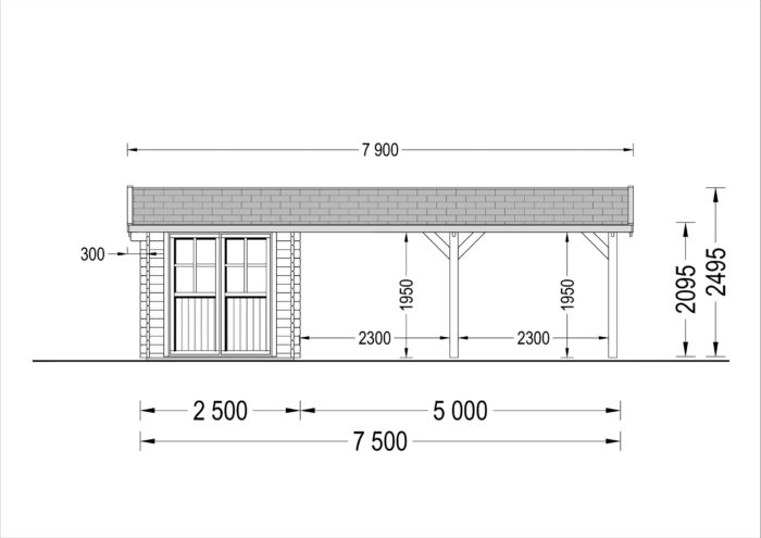 Carport aus Holz 4x5 m mit Schuppen und Seitenwand (44mm), 4x2.5m