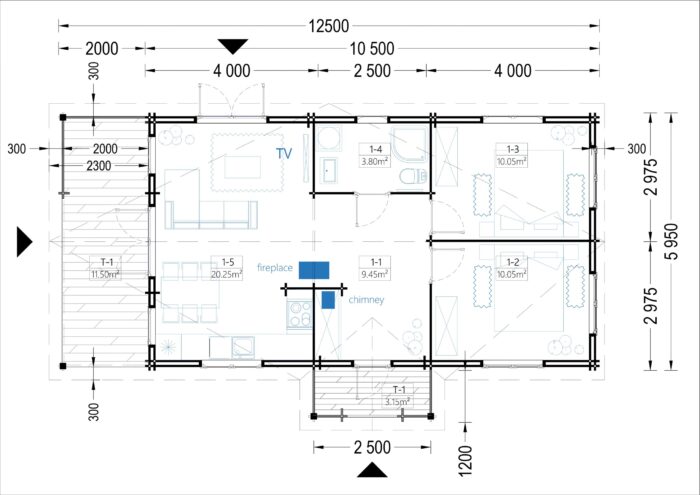 Blockbohlenhaus DORIS (44 + 44 mm) 63 m² mit Terrasse