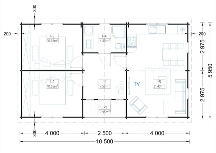 Premium Blockbohlenhaus FRITZ (44mm) 60m²