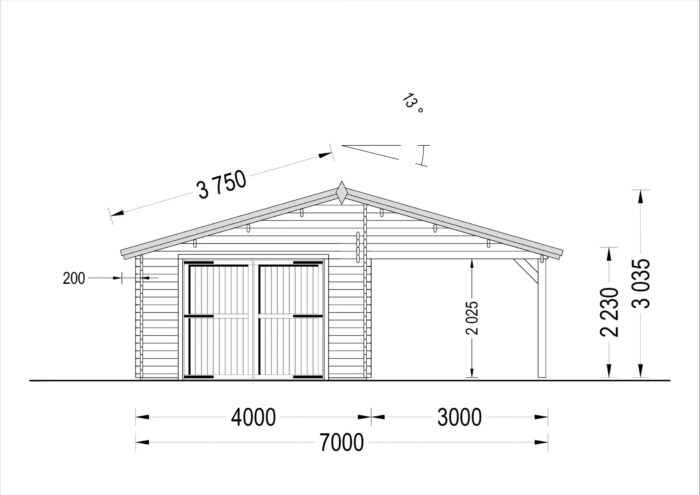 Einzelgarage (44mm) 4x6m mit Carport 3x6m