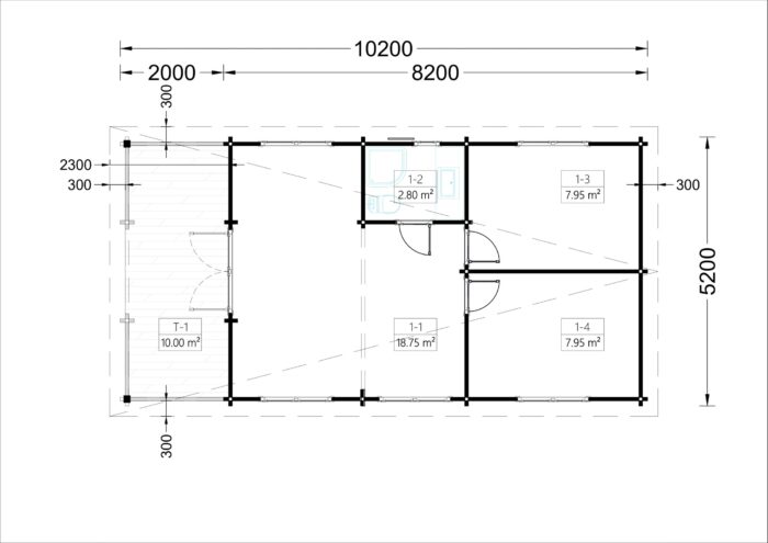 Blockbohlenhaus mit Flachdach und Terrasse HANNES (66 mm), 42 m² + 10 m²