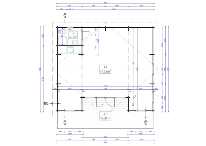 Blockbohlenhaus FELDKIRCH (44 mm), 56 m²