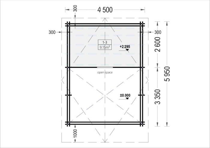 Blockbohlenhaus mit Schlafboden SALLY (44 + 44mm), 27m²