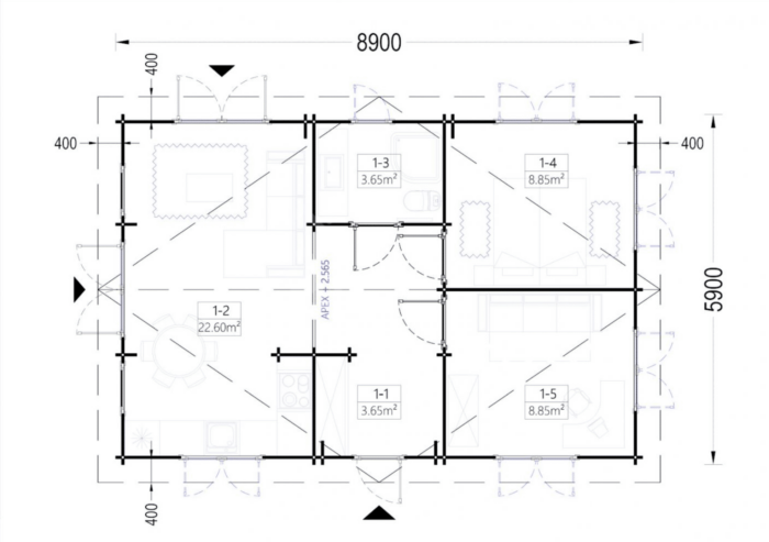 Blockbohlenhaus GRAZ (44mm) 54m²