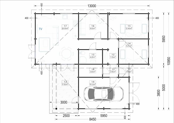 Blockbohlenhaus SEEFELD (66mm) 105m² mit Flachdach