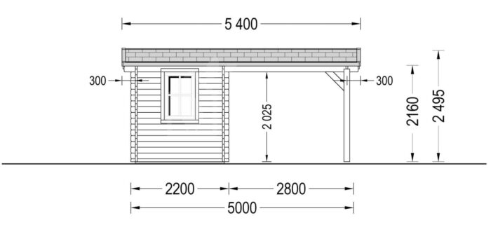 Carport aus Holz für 1 Auto mit Schuppen (44 mm), 5x6 m