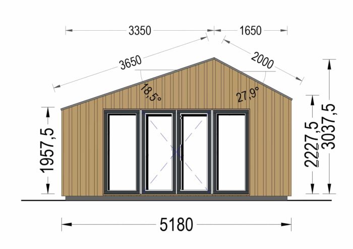 Gartenhaus ANTON (34mm + Holzverschalung ), 8x3m, 15m²