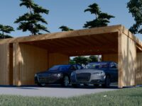 Carport aus Holz für 2 Autos mit Schuppen und Seitenwand, 7.6x5.6 m
