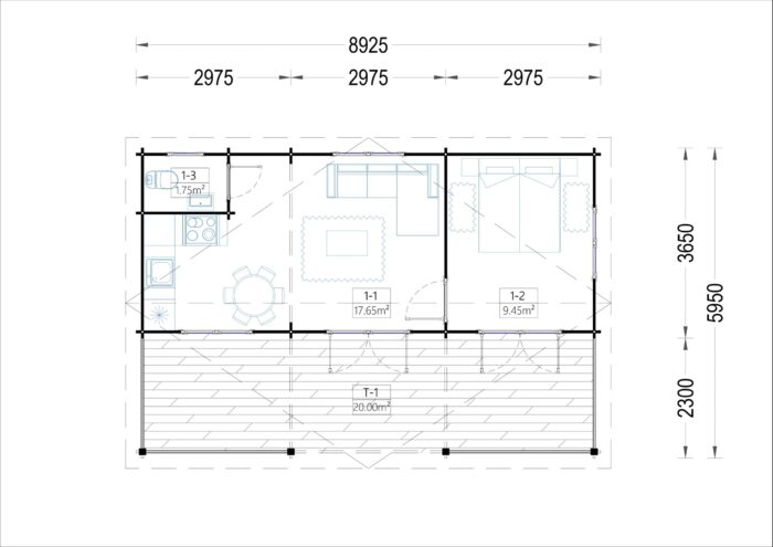 Blockbohlenhaus mit Terrasse LILLI( 44mm), 32 m² + 20m² – Bild 8