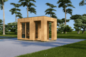 Gartensauna DANIEL (34 mm + Holzverschalung), 2,6 x 2,1 m, 3,8 m² mit Terrasse 3 m²