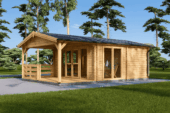 Saunahaus Helga (44 mm), 5x7,5 m; 25 m² mit Terrasse 12 m² (4 Räume)