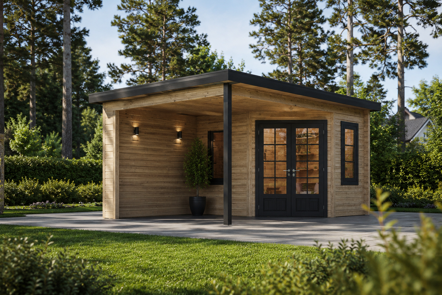 gartenhaus-kati.png Gartenhaus mit Terrasse KATI (44 mm), 5x3 m, 7.5 m² + 7.5 m² – Bild 1