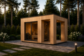 Gartensauna DANIEL (34 mm + Holzverschalung), 2,6 x 2,1 m, 3,8 m² mit Terrasse 3 m²