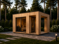 Gartensauna DANIEL (34 mm + Holzverschalung), 2,6 x 2,1 m, 3,8 m² mit Terrasse 3 m²