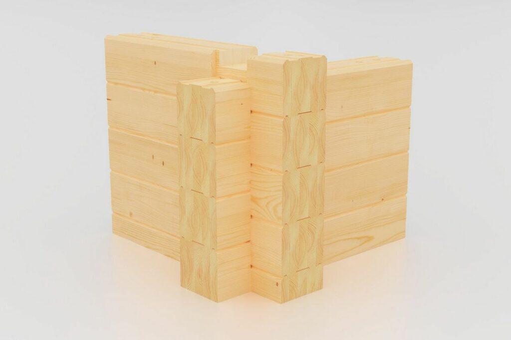 Detail einer verzahnten Blockbohlen-Eckverbindung aus Holz